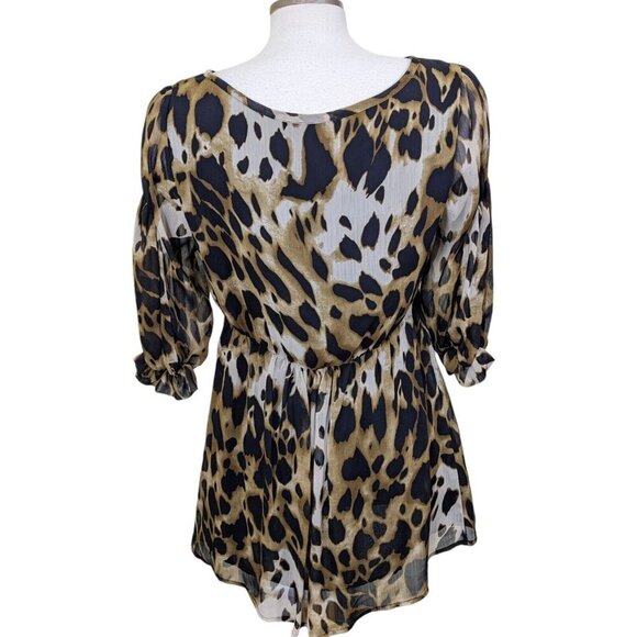 Vintage Y2K Babydoll Blouse Tunic Small Sheer Bishop Sleeve Leopard Lined Ruffle - Picture 4 of 6